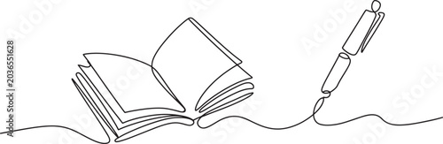 Open book and pen writing, continuous one line drawing, stationery concept.