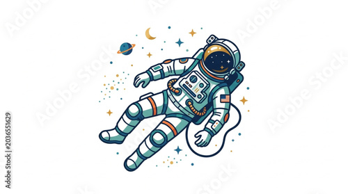Foto Astronaut floating in outer space with stars and planets.