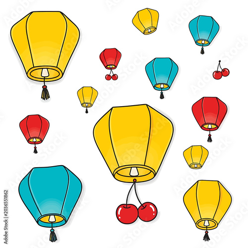 Colorful Lanterns and Fresh Cherries Floating.