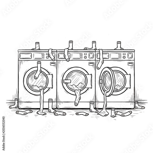 Three broken washing machines leaking water.