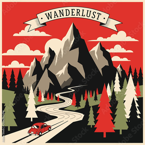 Wanderlust road trip mountain landscape scene.