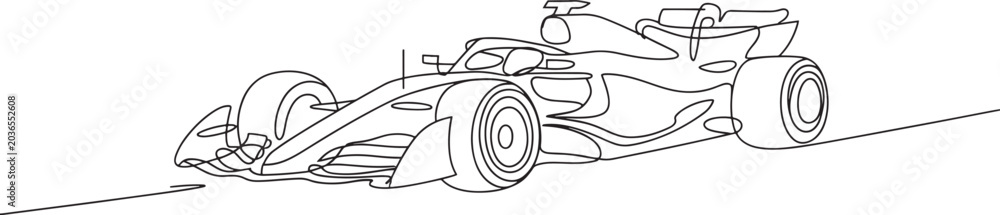 Obraz premium Racing car continuous line drawing depicting speed and performance of high speed formula vehicle.