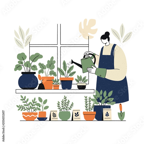 Woman watering plants on a shelf.