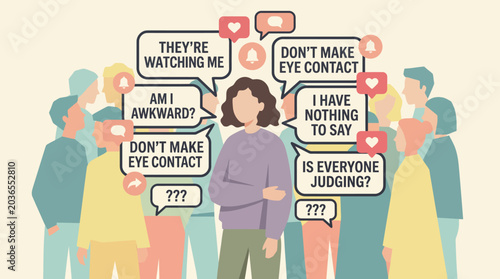 Foto Woman Feeling Social Anxiety and Insecurity Surrounded by People with Judgementa