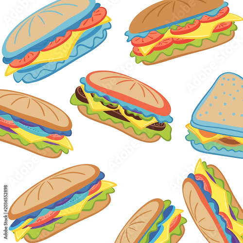 Colorful illustration of various sandwiches.