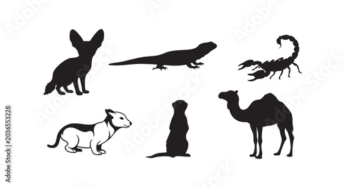 Canvas Print Desert animals silhouette collection featuring fennec fox, lizard, scorpion, meerkat, and camel on white background
