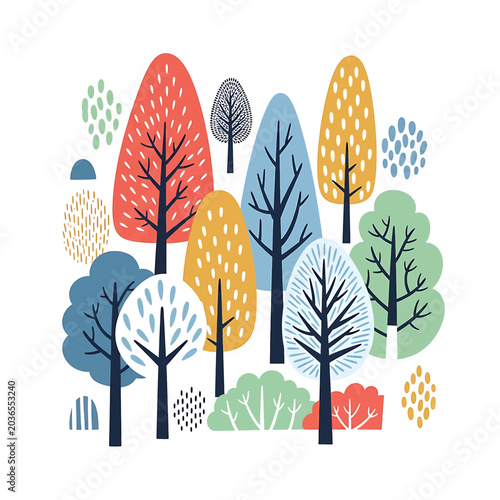 Colorful trees in autumn forest scene.