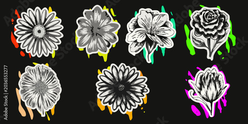 Foto Floral Illustrations With Colorful Drips Sticker Style Vector Graphics