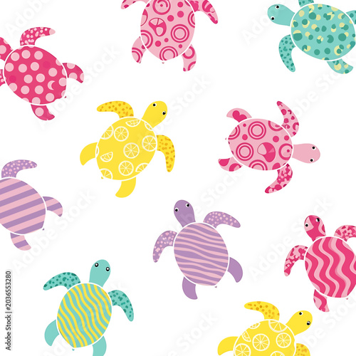 Colorful turtles on white background.