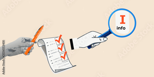 фотографія Hand Cutting Paper With Scissors And Magnifying Glass Vector Illustration
