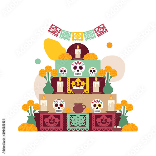 Day of Dead altar with skulls.