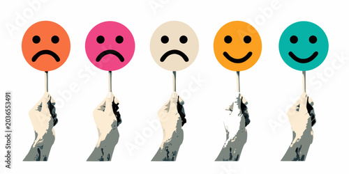 Schilderij op canvas Colorful Face Icons Held By Hands Flat Vector Illustration On White Background