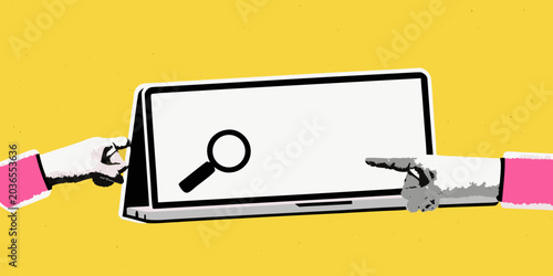 Foto Laptop With Hands And Magnifying Glass Vector Illustration
