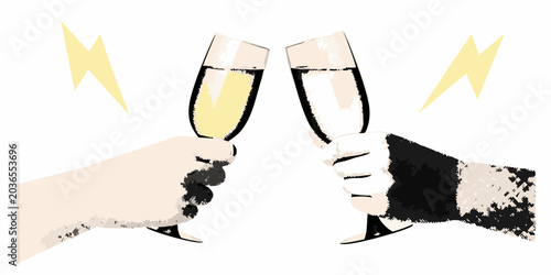 Cuadro en lienzo Champagne glasses toasting stylized vector illustration with yellow lightning bo