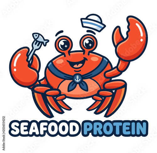 Cute Cartoon Sailor Crab Holding Fork with Fish and Seafood Protein Text