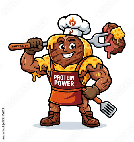 Mascot Chef Burger Character Protein Power Holding BBQ Tools and Steak