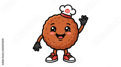 Cute Meatball Mascot Character Waving Hello Wearing Chef Hat and Sneakers Kawaii Food Illustration for Children s Books Websites and Marketing