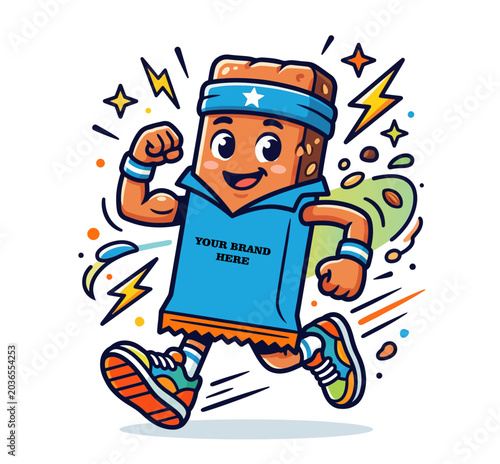 Energetic Cereal Bar Mascot Running with Muscles Healthy Snack Concept