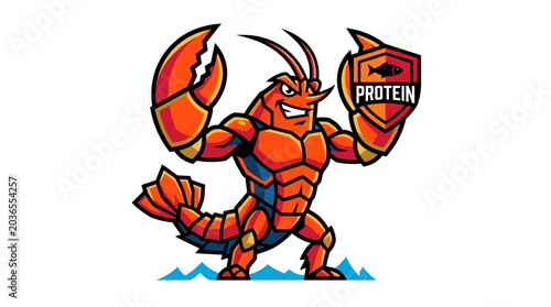 Mascot Lobster Character Holding Shield with Fish and Protein Symbol Powerful Seafood Nutrition