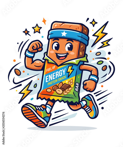 Energetic Cartoon Character Energy Bar Running with Muscles Stars and Lightning Bolts Fun Fitness Snack Mascot Illustration