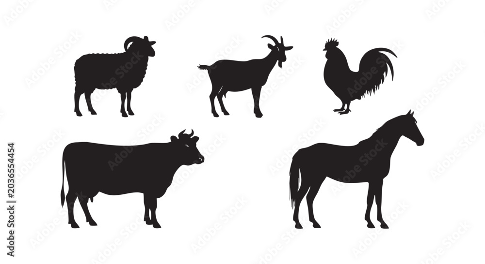 Obraz premium Farm livestock animal silhouette set with ram goat rooster cow and horse icons for agricultural business graphics vector.