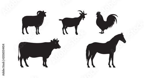 Tableau sur toile Farm livestock animal silhouette set with ram goat rooster cow and horse icons for agricultural business graphics vector