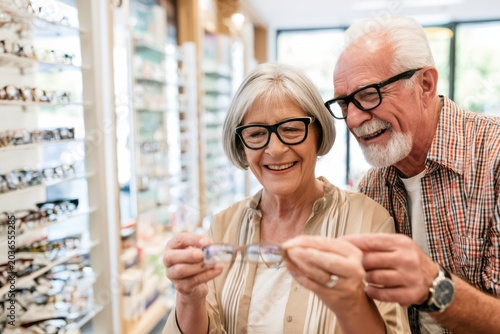 Happy Seniors Trying Reading Glasses at Pharmacy