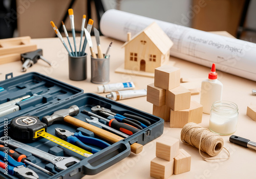 Woodworking tools and supplies on workshop table with blueprint and model house