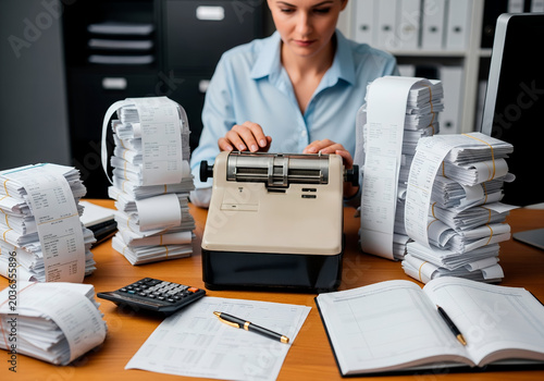 Female accountant using printing calculator in office surrounded by receipts and documents