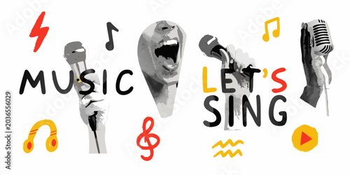 Quadro em tela Music themed vector collage with microphones notes and vocal elements