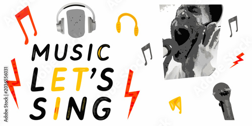Photos Music Collage Featuring Headphones Microphone And Musical Notes Vector Illustrat