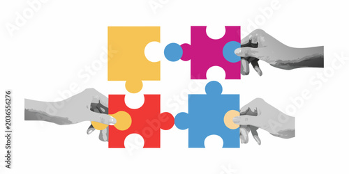 Fotografie Four interlocking puzzle pieces with hands vector illustration