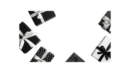 Elegant black and white gift boxes arranged as a festive border frame with decorative ribbons isolated on transparent background