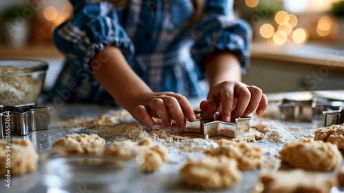 A close up of European child hands shapes softly a bright star cookie cutter on a calm dough in a soft sunny kitchen in soft daylight cookie shaping faceless detail softly