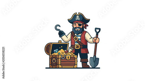фотографія Cartoon Pirate Standing Next to Treasure Chest Holding Shovel and Hook