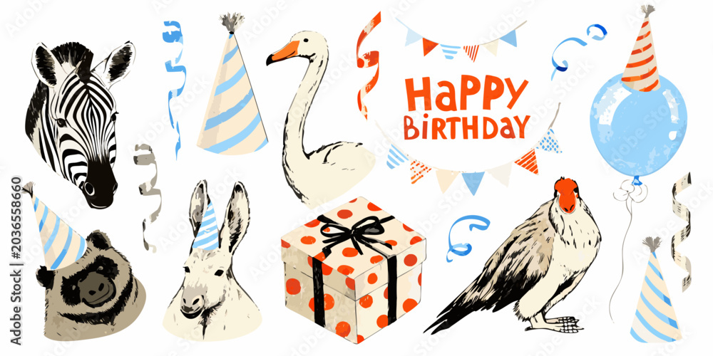 Obraz premium Animal Heads And Birthday Decorations Colorful Vector Illustration