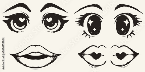 Photos Expressive Eyes And Lips Black Ink Vector Illustration