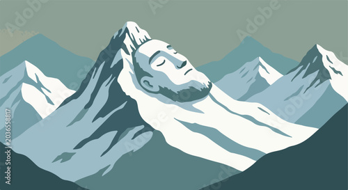 A serene mountain range appears as a sleeping human face