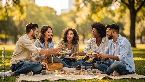 Happy multiracial group of friends laughing and sharing food during a summer picnic in the park