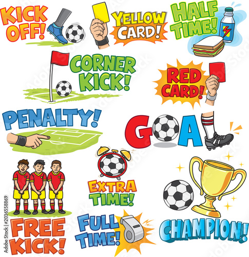Принти на полотні A lively, cartoon-style collage of soccer match moments and expressions