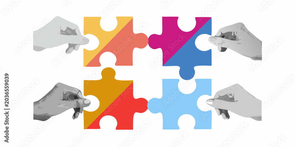 Fototapeta premium Four Interlocking Puzzle Pieces Held By Hands Vector Illustration