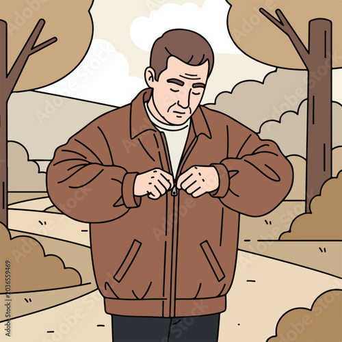 Man zips up brown jacket in park