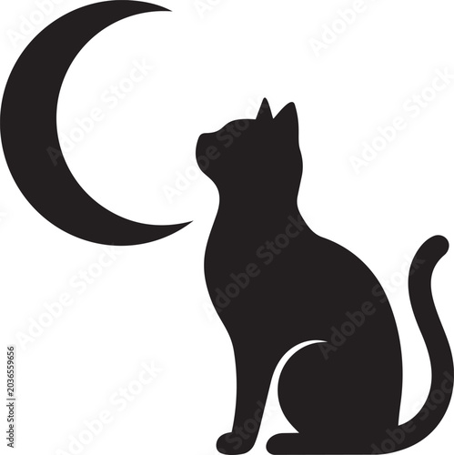 Minimal Black Cat Sitting Beside Crescent Moon Vector Illustration