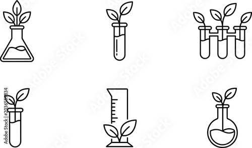Botanical Laboratory Line Icon Set Featuring Plant Science Test Tubes, Eco Biotechnology Research, and Green Chemistry Vector Illustrations
