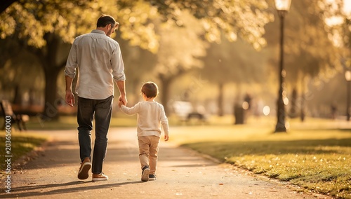 Rear view of father and young son walking in a park at sunset