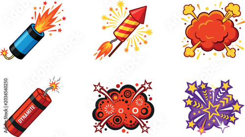 Cartoon Explosion and Firework Vector Icon Set Featuring Dynamite Bombs, Rocket Firecrackers, and Comic Blast Effect Illustrations