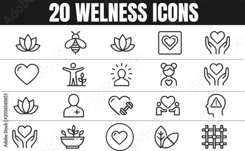 Black line wellness icons on for health and meditation