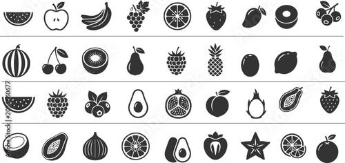 Black Fruit Icons Set Minimal Flat Healthy Food Vector Collection