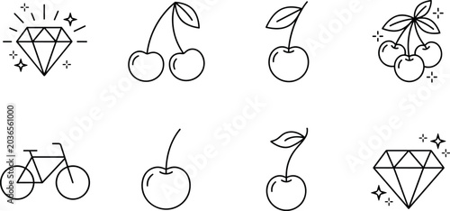 Cherry, Diamond, and Bicycle Outline Icon Set with Minimal Fruit, Luxury Gem, and Lifestyle Symbols for Modern Vector Designs