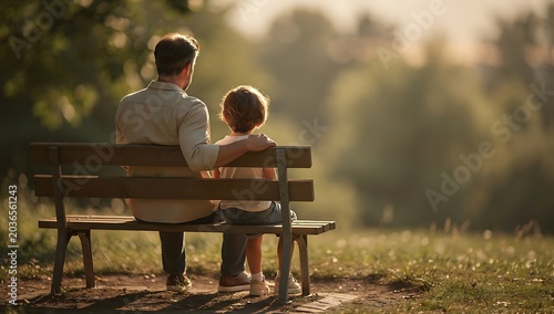 Father and son sitting on a park bench watching the sunset together in nature